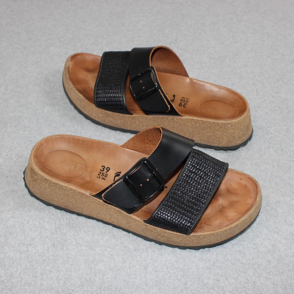 Papillio By Birkenstock Sandals Women 39 US 8 Black Leather Platform Slide Wedge